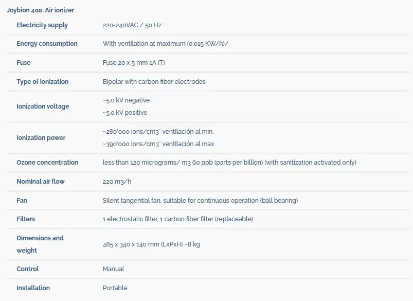 Ionizeur d'air. Joybion. Filtres d'air. Sercalia